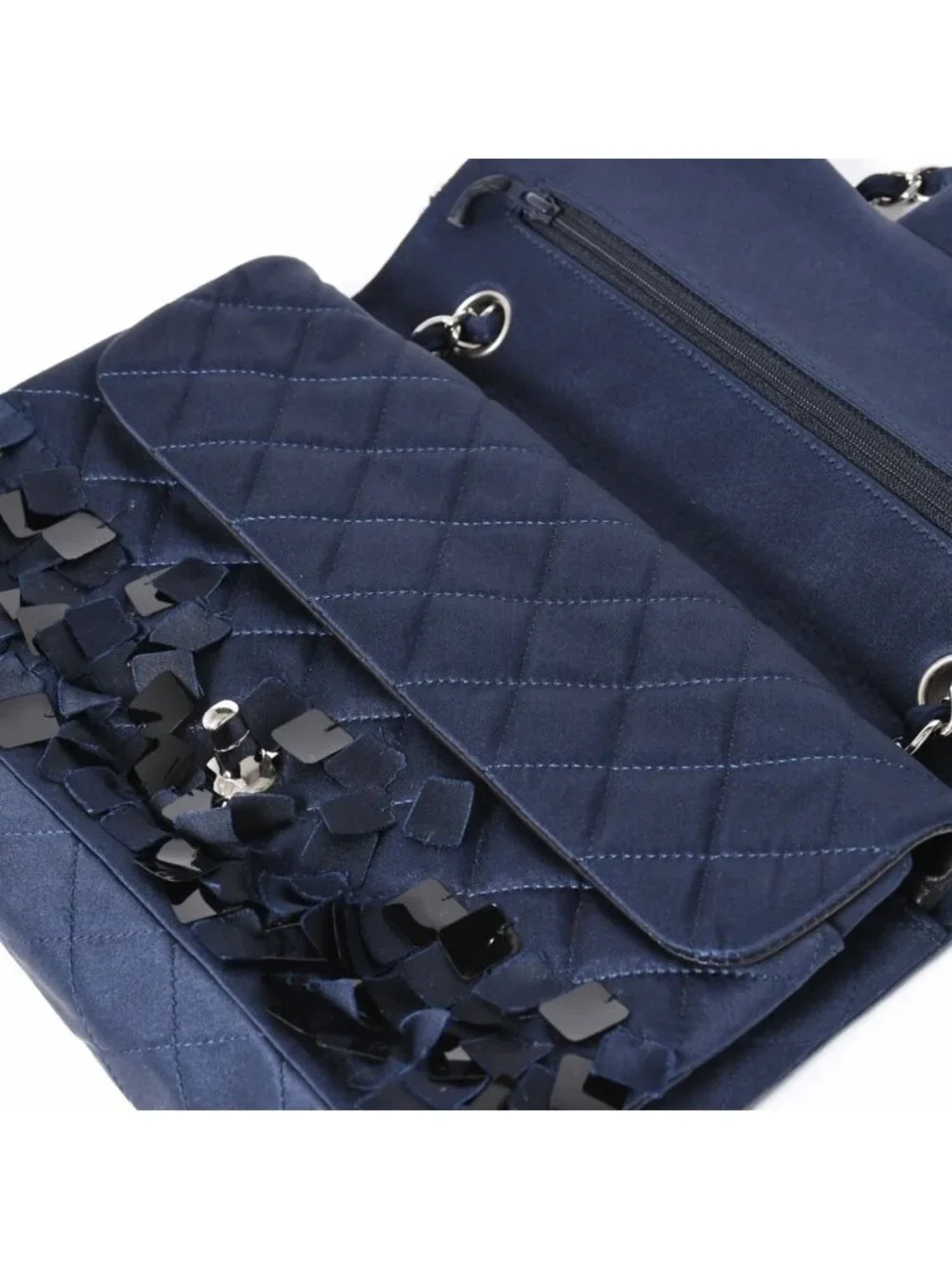 Chanel Quilted 25 Double Flap Chain Shoulder Bag CC Logo Satin Sequin Navy